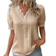 thumbnail image 2 of Khaki Plus Size Tops For Women Summer Lace V Neck Plain Lace Elegant Shirt Fashion Solid Color Elegant Blouse Short Sleeve Comfy Soft Tee, 2 of 4