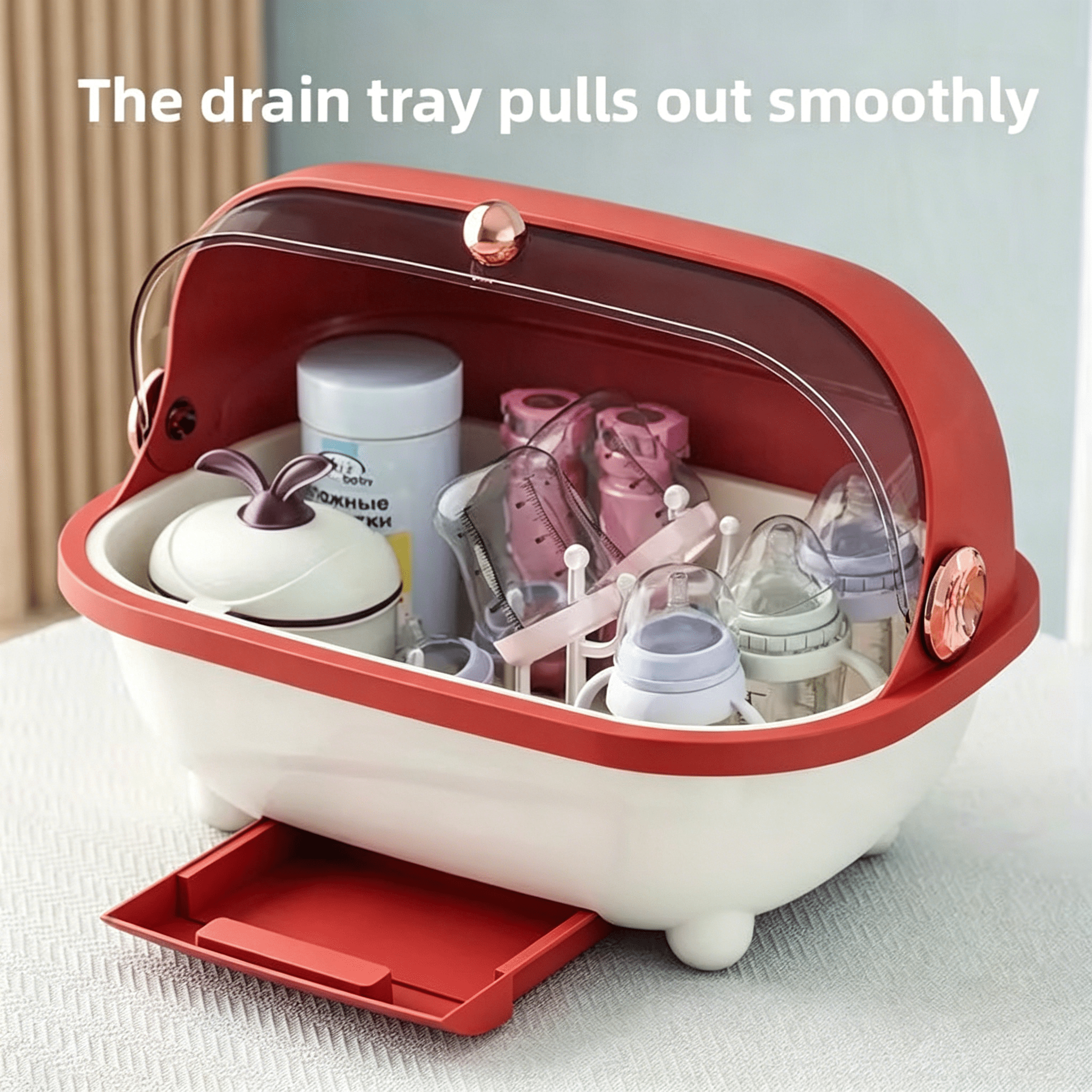 Soluxeo Baby Bottle Drying Rack Storage, Baby Bottle Organizer with Cover ＆ Removable Drain Tray, Dustproof Portable Kitchen Cabinet Organizer, Countertop Dryer
