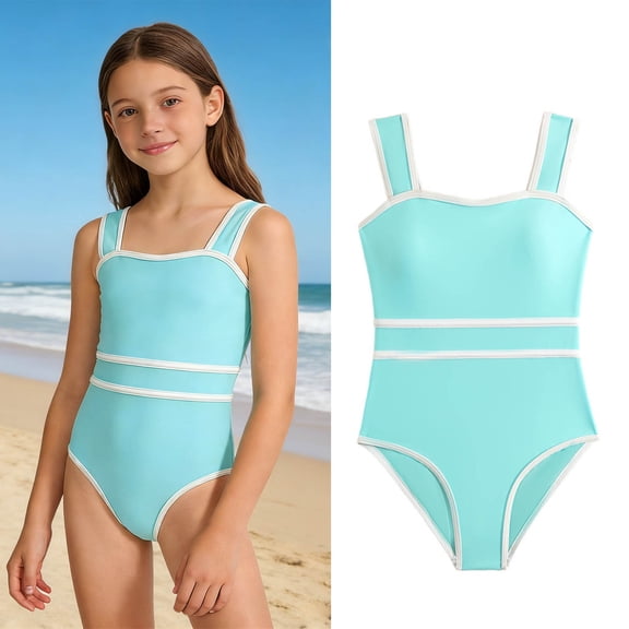 Kids Swimsuits Sleeveless 1 Piece Swimming Suits Quick Dry Summer Swimwear with Padded Swim Suit for Girls 7-8 Years