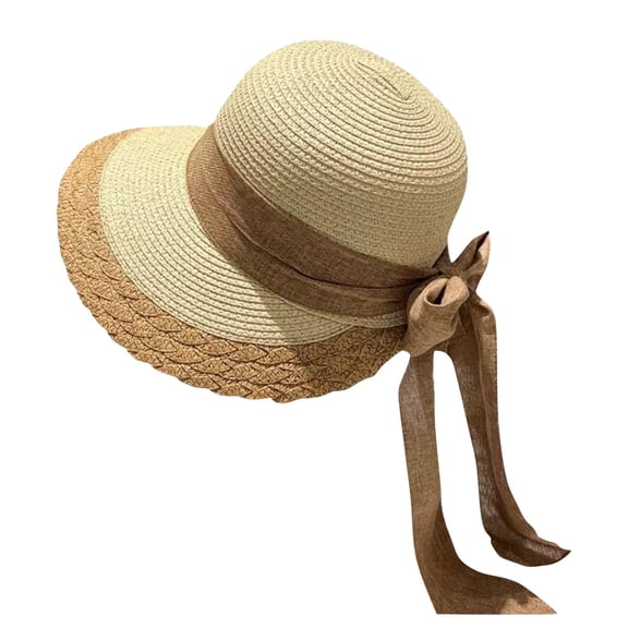 HONHUZH Summer Hats Womens Foldable Straw Sun Hat With Ruffled Edge And Bow Summer Beach Hat