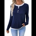 thumbnail image 1 of Camisetas Informales de Cuello Redondo y Bloques de Color para Mujer, de Larga y Corte Entallado, para Otoño Azul Marino S, 1 of 10