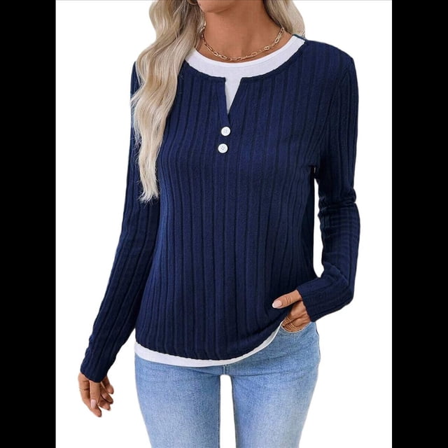 Camisetas Informales de Cuello Redondo y Bloques de Color para Mujer, de Larga y Corte Entallado, para Otoño Azul Marino S