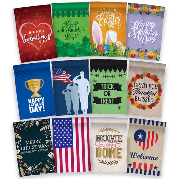 Vispronet Seasonal Garden Flags, 12in x 18in, 12 Pack, Holiday Flags for Outdoor Garden Decorations