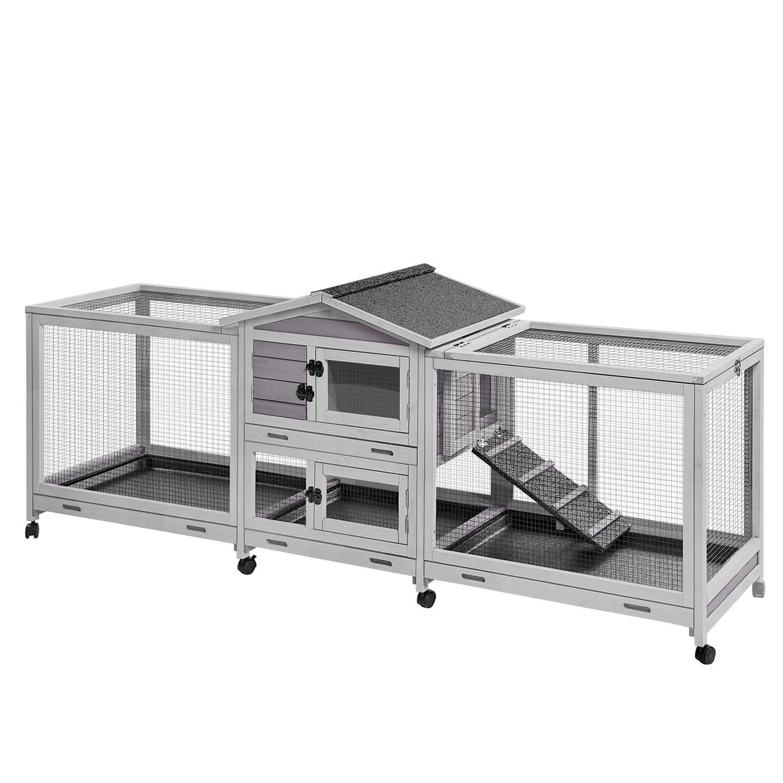 MEDEHOO Rabbit Hutch Guinea Pig Cage with Double Run Indoor Bunny Hutch Outdoor Rabbit House with Deeper No Leak Trays and Wheels
