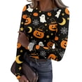 thumbnail image 2 of Halloween Shirts for Women Long Sleeve Crew Neck Shirts Funny Pumpkin Graphic Ribbed Shirts Fall Slim Fit Basic Tops, 2 of 5