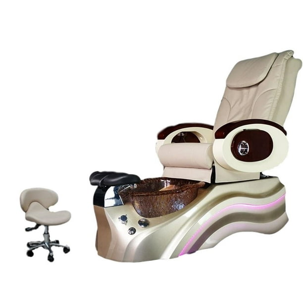 Pedicure Foot Spa Salon Cream Chair, Pipeless Jet, Gold Base Crystal