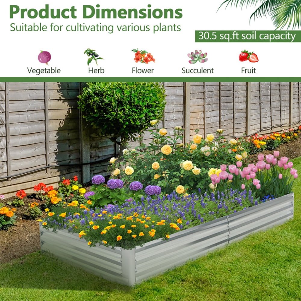 Canddidliike Metal Galvanized Raised Garden Bed with Open-Ended Base-8 x 4 ft, Garden Bed Wooden Vegetables Growing Planter for Backyard/Patio/Gardener