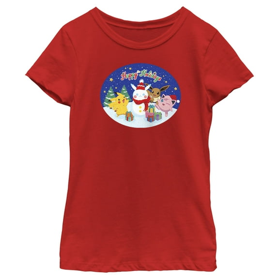Girl's Pokemon Christmas Happy Holidays Snowman  Graphic Tee Red X Small