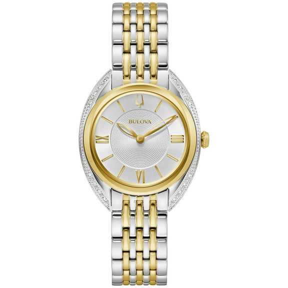 Bulova Ladies' Classic Diamond Quartz Two-Tone Stainless Steel Watch, Silver Dial Style:98R296