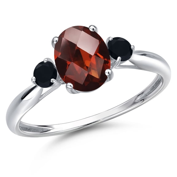 Gem Stone King 10K White Gold Red Garnet and Black Onyx 3-Stone Ring for Women | 1.73 Cttw | Oval Checkerboard 8X6MM | Gemstone January Birthstone | Size 9