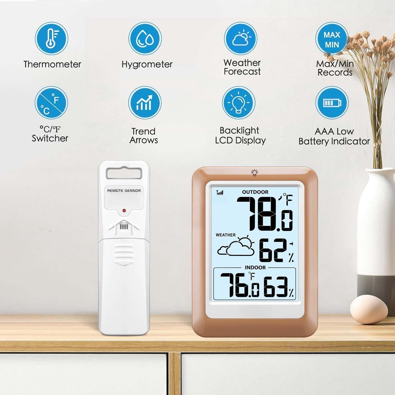 Indoor Outdoor Wireless Weather Station  Internal External Hygrometer Home Batteryoperated Temperature Humiditymonitors330 Feet (about 100 Meters) Backlight Display (khaki)