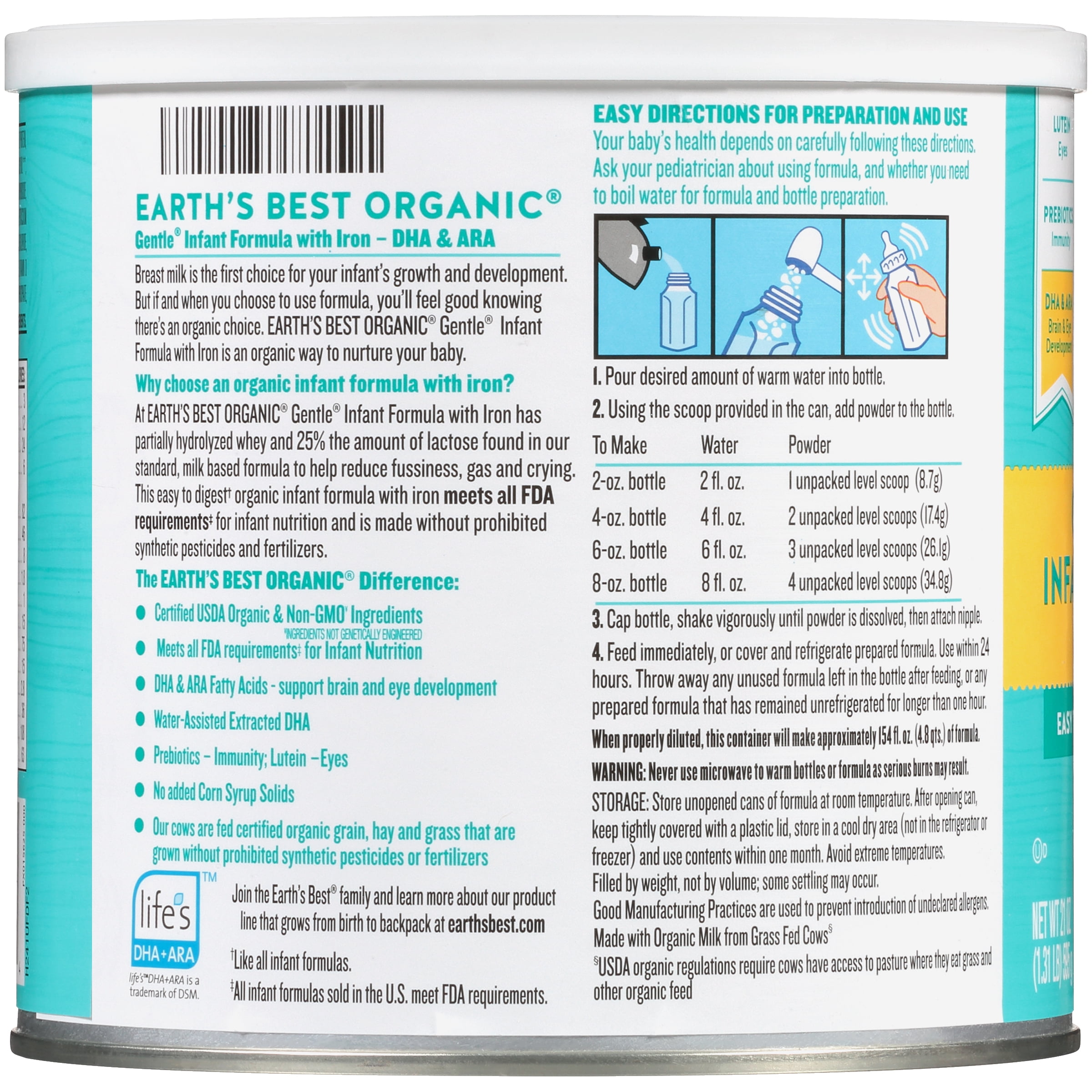 Earth's Best Gentle Organic Powder Baby Formula with Iron, 21 oz Canister