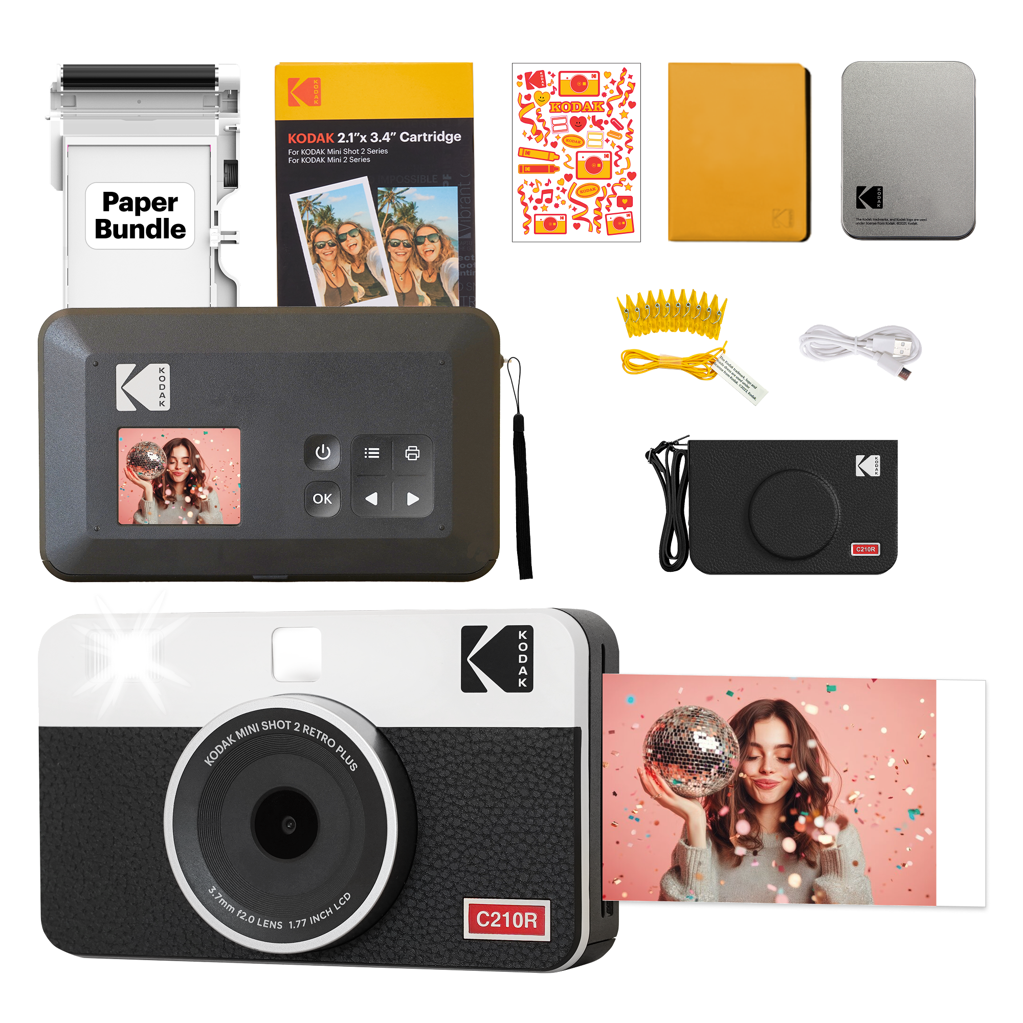 KODAK Mini Shot 2 Retro 4PASS 2-in-1 Instant Camera and Photo Printer (2.1x3.4 inches) + 38 Sheets Gift Bundle, White