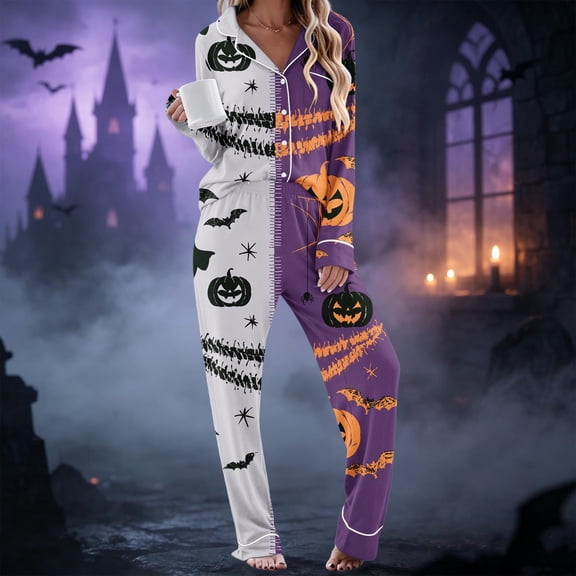 SAKMAL Womens Halloween Pajamas Summer Button Up Pumpkin Bat Print Long Sleeve Two Piece Top with Matching Long Pants for Ladies Holiday Pj Set