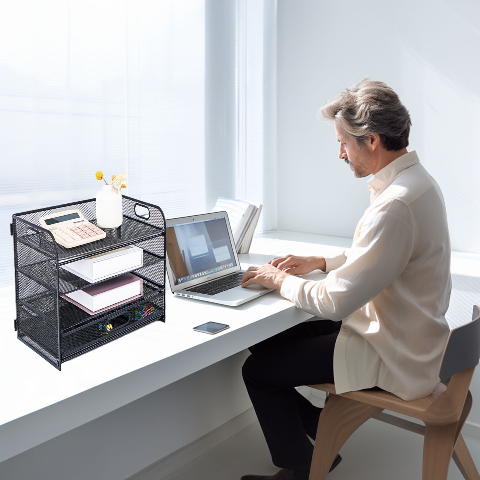 4-Tiered Paper Letter Tray Organizers with Sliding Drawer & 2 Pen Holder, Desk Organizers for Office Office Accessories