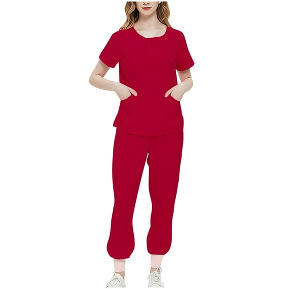 Hanen Scrubs for Women Set - Stretch V-Neck Scrub Top & Jogger Pant with 2 Pockets