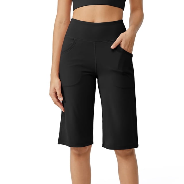 mujer elástico cintura alta casual ajuste activo ancho capris pierna pantalones yoga polainas suave gimnasio hasta la rodilla con bolsillos negro / 2xl