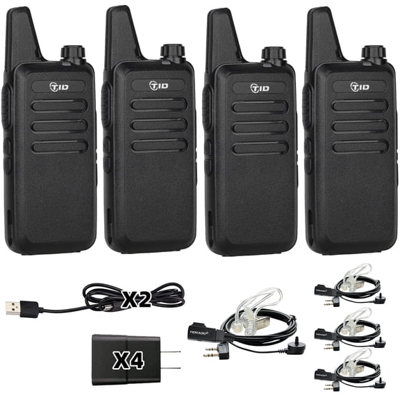 TIDRADIO TD-M8s Walkie Talkies, 2 Way Radio Rechargeable, VOX Handsfree, Portable, Long Range with Earpiece Two-Way Radios, For Restaurant Business Commercial Hunting Hiking 4 Pack, Black