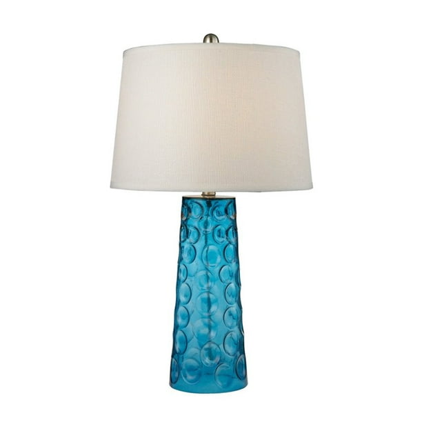 Lampe de Table LED en Verre Martelé Bleu avec Abat-Jour en Lin Blanc Pur