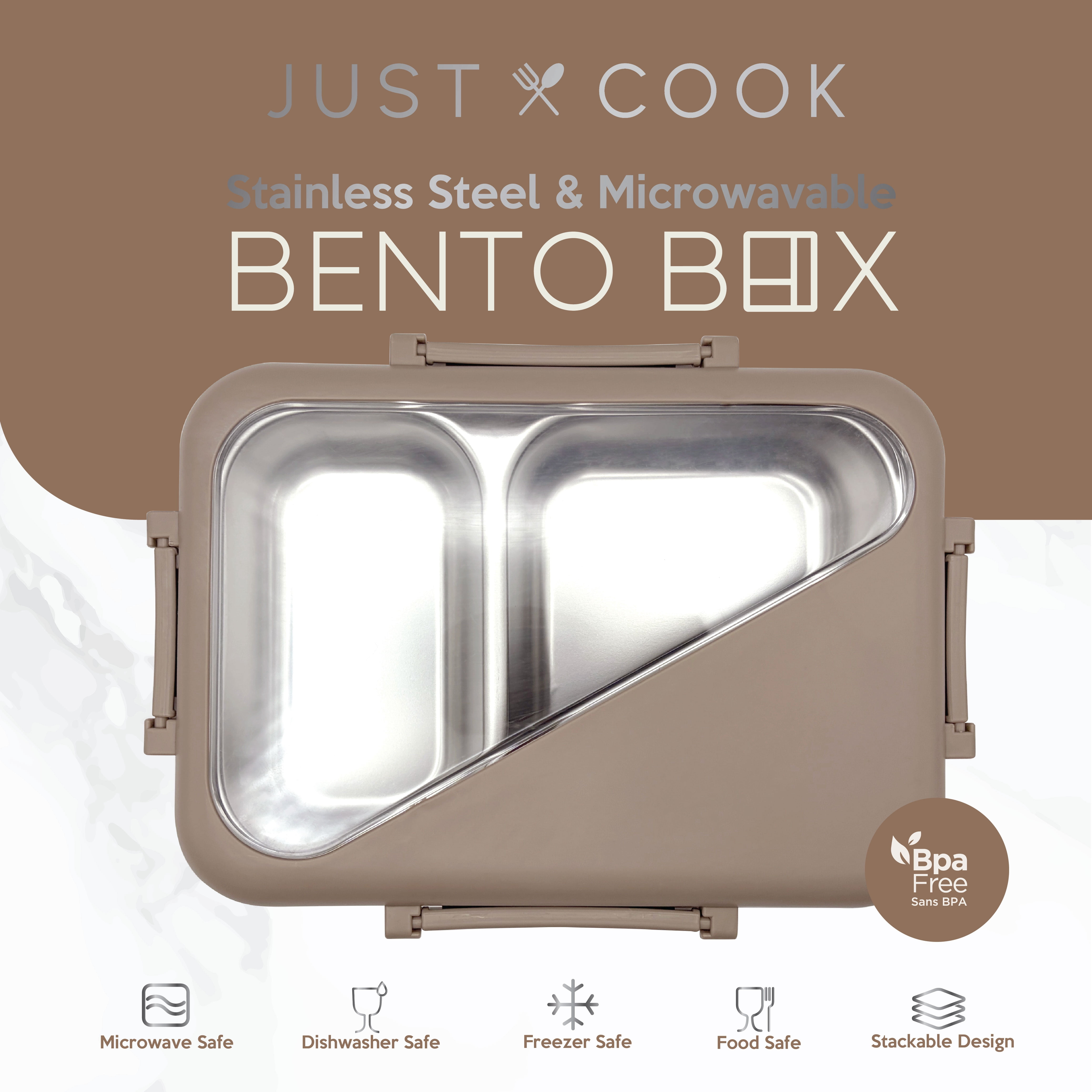 Just Cook 2 Section Microwave Safe Stainless Steel Bento Box 900 ml (Mocha Mousse)