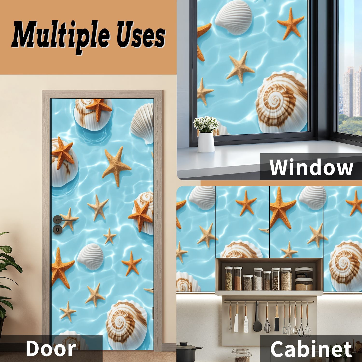 Self Adhesive Vinyl Refrigerator Wrap Set Ocean Shells Starfish Floating Water Door Mural Removable Fridge Sticker Peel and Stick&nbsp;Full Door Cover Decal Kitchen Bar Decor