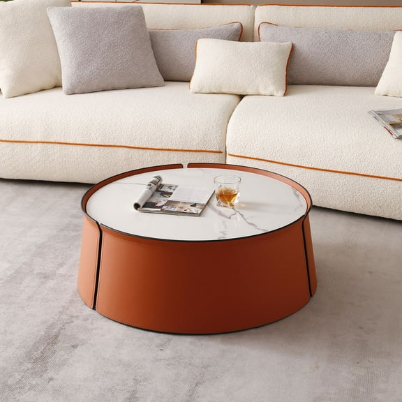 31.5inch Coffee Table, Marble Top Orange Saddle Leather Body Iron Frame