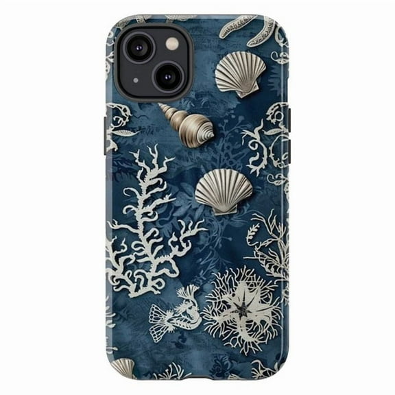 Nautical Seashell & Coral Phone Case Deep Ocean Blue Aesthetic | Coastal Marine Phone Cover Compatible with iPhone 16 15 14 13 12 11 Pro Max