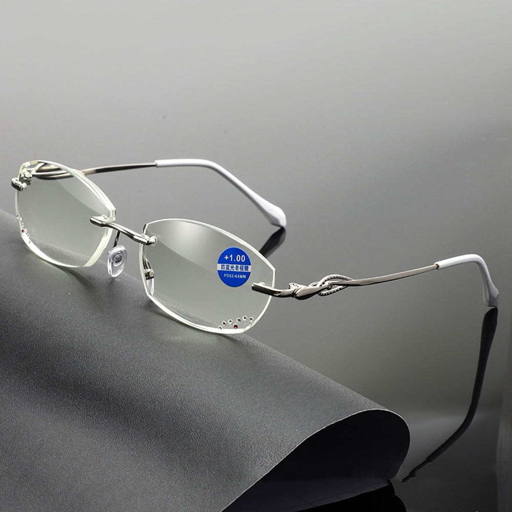 2 Pairs of Women Rimless Blue Light Blocking Reading Glasses 1.50, Ladies Rectangle Metal Silver Presbyopia Glasses Readers +1.50 strength
