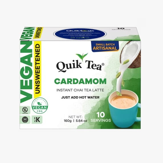 QuikTea Instant Unsweetened Vegan Cardamom Chai Tea Latte – 10 Count, Warm and soothing Cardamom Flavor, low Caffeine, no artificial colors, flavors or preservatives  – Just Add Hot Water, non-GMO