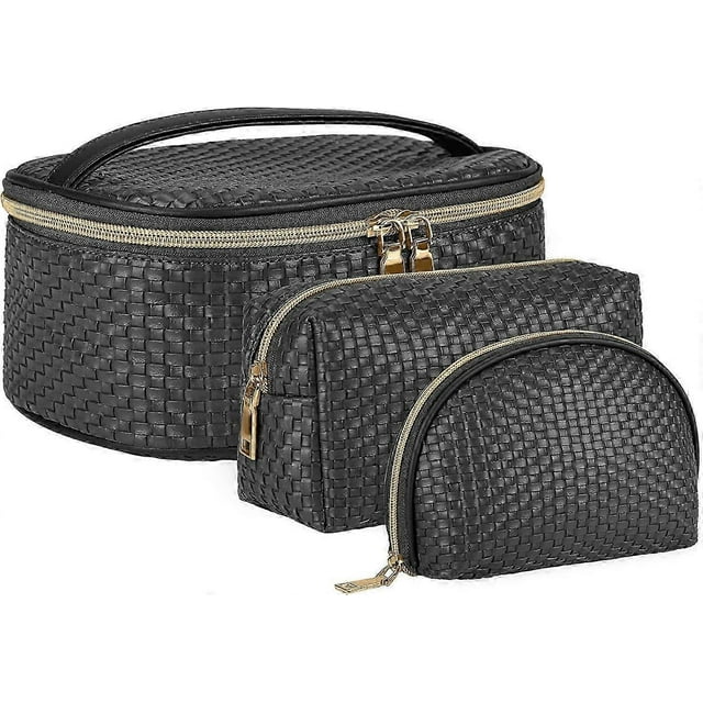 Toiletry Bag Women Large Capacity Makeup Bag with Waterproof PU Makeup Bag Travel Case 3 Pieces Black