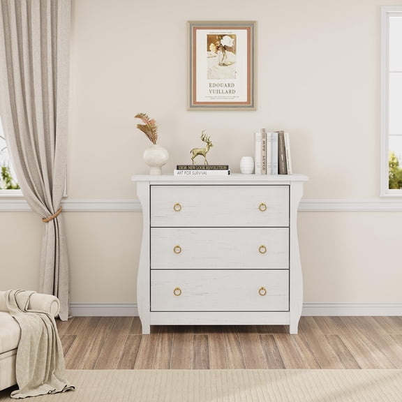 3 Drawer Dresser for Bedroom, Mid Century Modern Chest of Drawers, Wood Storage Small Dresser Organizer for Bedroom Living Room Hallway Closet, White