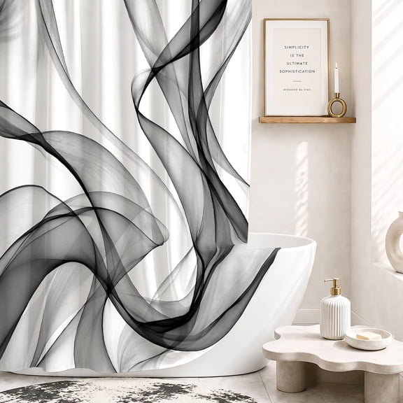 Black and White Abstract Wave Shower Curtain Modern Minimalist Artistic Fabric Bathroom Curtain for Tub 71x71 inches