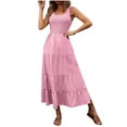 thumbnail image 2 of ChaoHeng Summer Dresses for Women 2025 Women's A-Line Slip Dress Ruffled Hem Round Neck, Sleeveless Solid Color,Pink S, 2 of 6