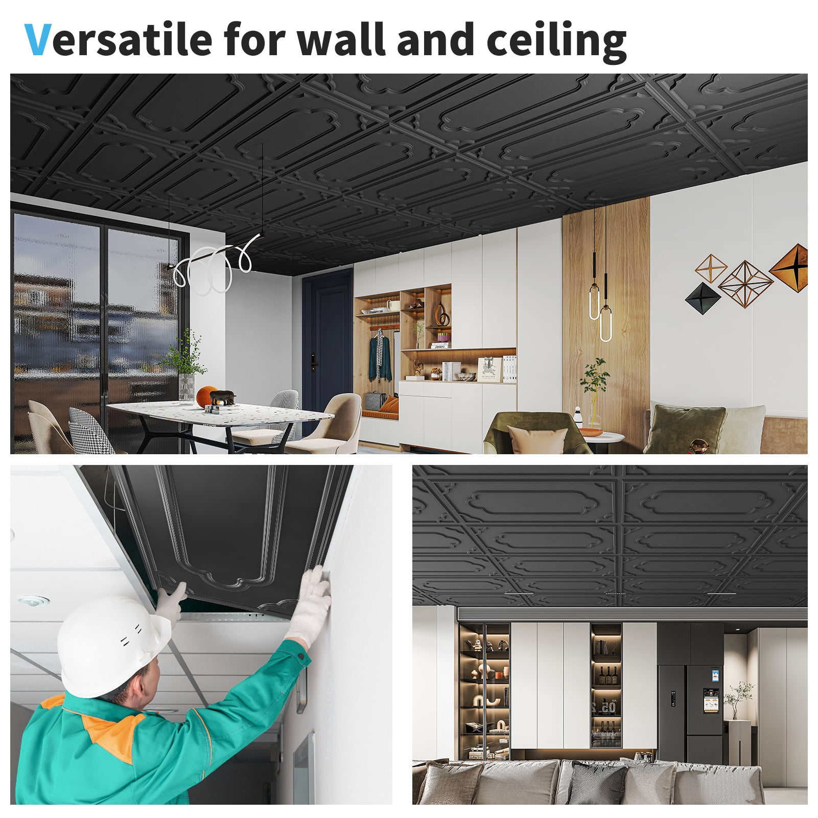 Art3d 12-Pack PVC Drop Ceiling Tiles，24x48in Glue up Ceiling Tile，Cover 96 sq.ft-Black
