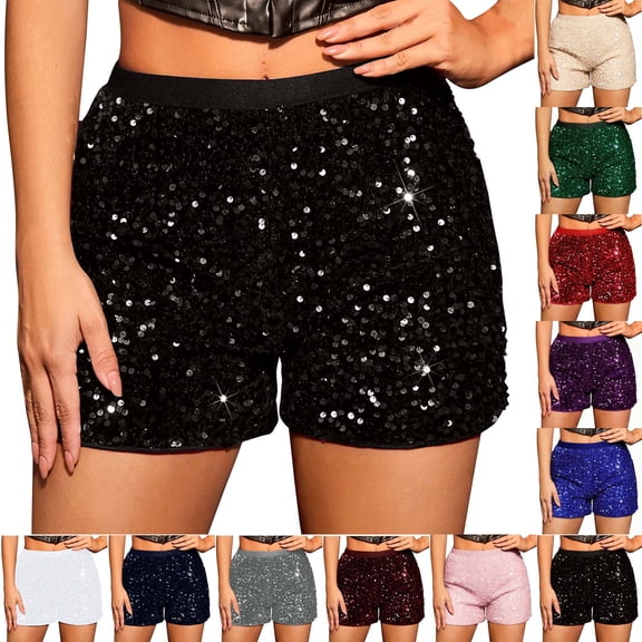 Purcolt Sequin Shorts for Women, Shiny High Waisted Elastic Straight Leg Hot Pants Sparkly Glitter Clubwear Party Rave Shorts