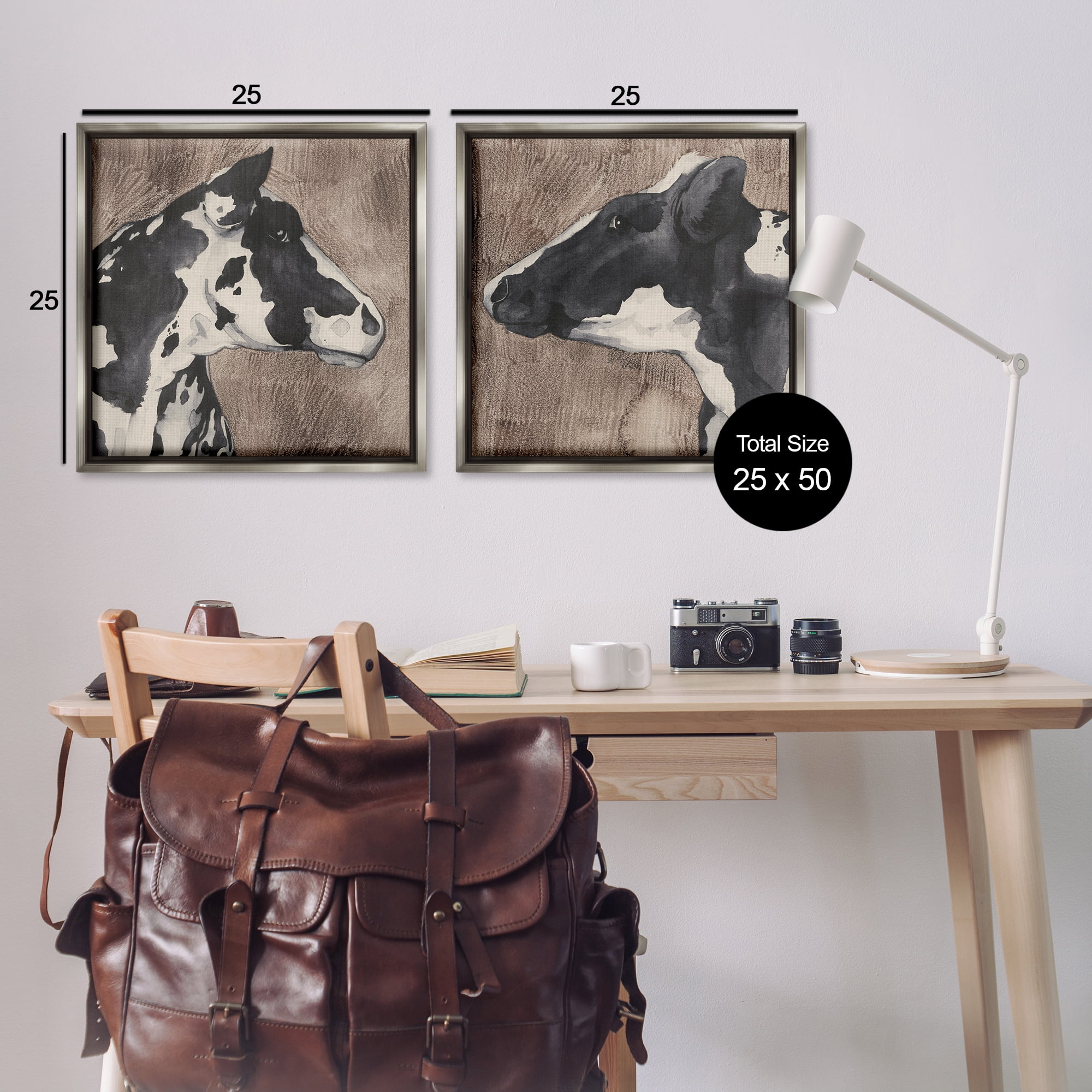 Stupell Industries Holstein Cow Portrait Profile Animals Painting Gray Floater Framed Canvas Art Print Wall Art, 25 x 25, Set of 2