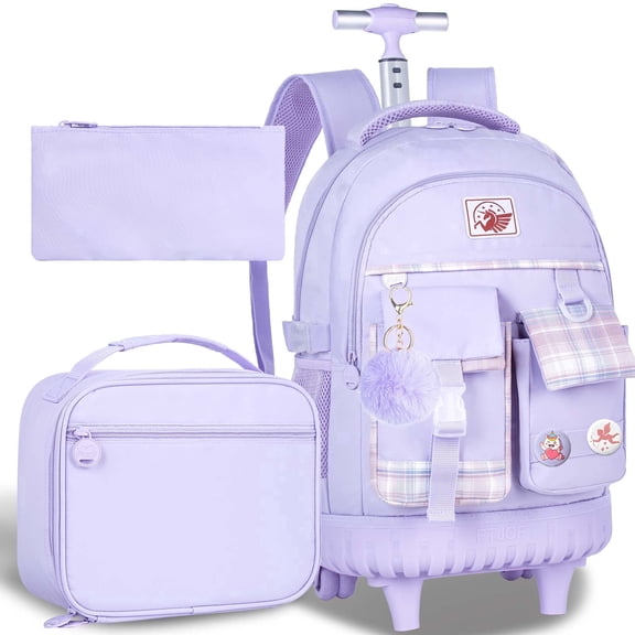 Girls Rolling Backpack with Lunch Box, 3PCS Women Roller Bookbag Set with Matching Pencil Case, Water Resistant Wheeled School Bag for College Teens Kids Travel – Purple