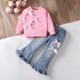 thumbnail image 2 of KAUOD Girls 2 Piece Tops Jeans Set Bow Crew Neck Sweatshirts+Flare Ruffles Denim Pants Outfits Kids Cute Pullover Sweater, 2 of 9