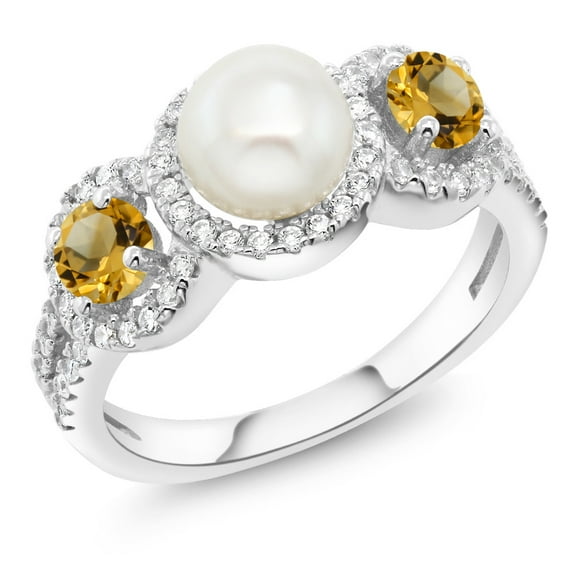 Gem Stone King 925 Sterling Silver Cultured Freshwater Pearl Yellow Citrine Ring for Women (1.32 Cttw, Round Gemstone Birthstone, Available in Size 5, 6, 7, 8, 9)