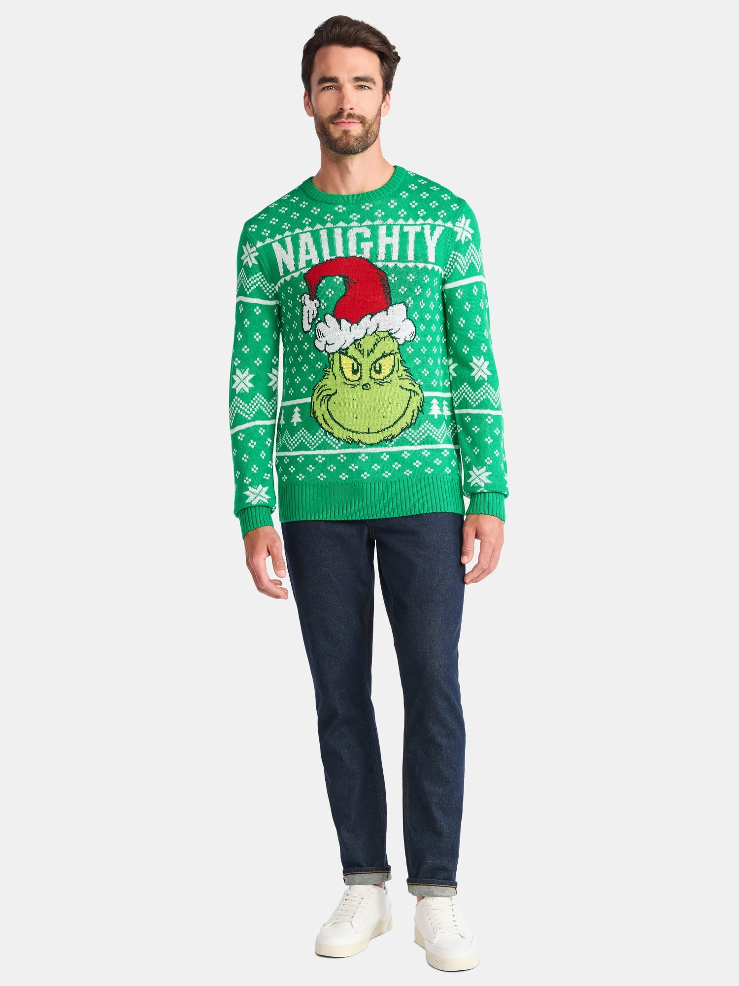 Dr. Seuss Grinch Naughty Men's and Big Men's Holiday Ugly Christmas Sweater, Sizes XS-3XL