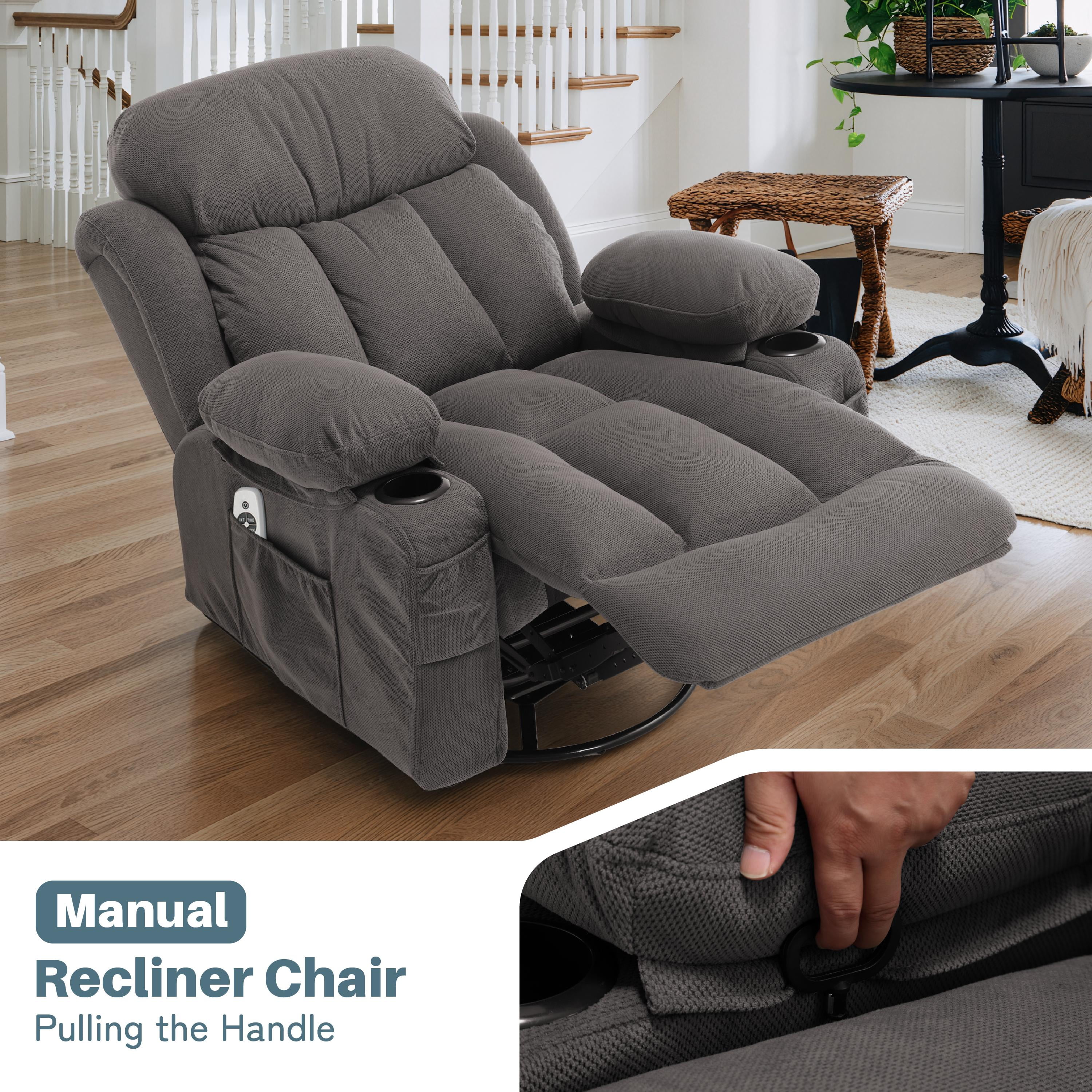 Swivel Rocker Recliner for Adults, LEGAHOME 24.4in Glider Rocking Chair for Nursery, Manual Rocking Chair with Massage and Heat for Adults, Living Room Massage Recliner Sofa with Cup Holder, Gray