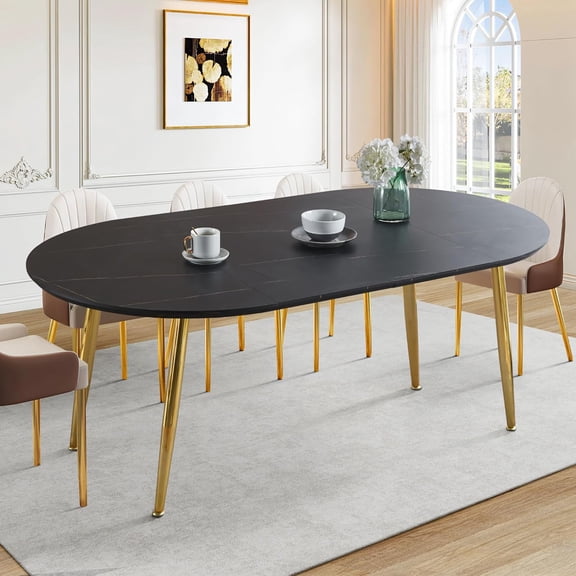 Oval Extendable Dining Room Table for 4-8 People, Extendable from 40" to 55" to 71", Modern Wooden Dining Table with MDF Tabletop and Metal Frame, Kitchen Table for Home, Office,Faux Marble Black