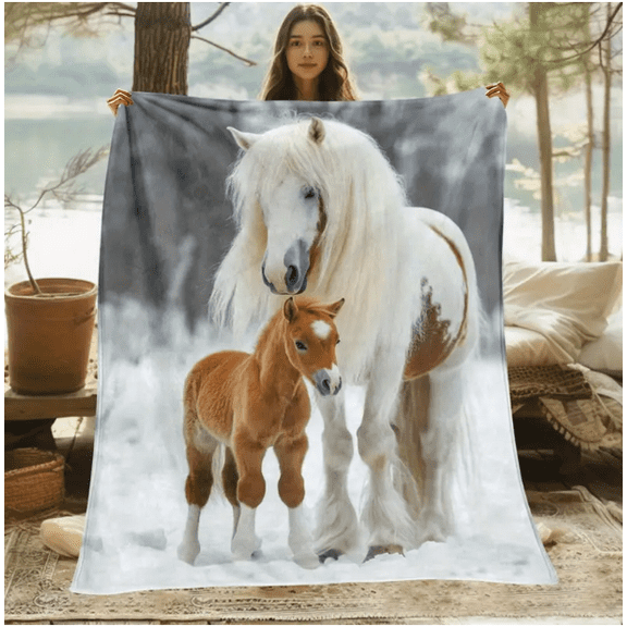1pc White Horse and Foal in Snow Pattern HD Print Blanket - Lightweight Flannel Throw for Sofa, Bed, Travel, Livingroom, Office, Couch and Bed - Digital Printing Fleece Blanket with Soft and Warm Fla
