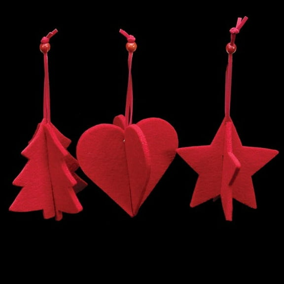 Club Pack of 15 Bright Red Tree, Heart And Star 3D Felt Ornaments