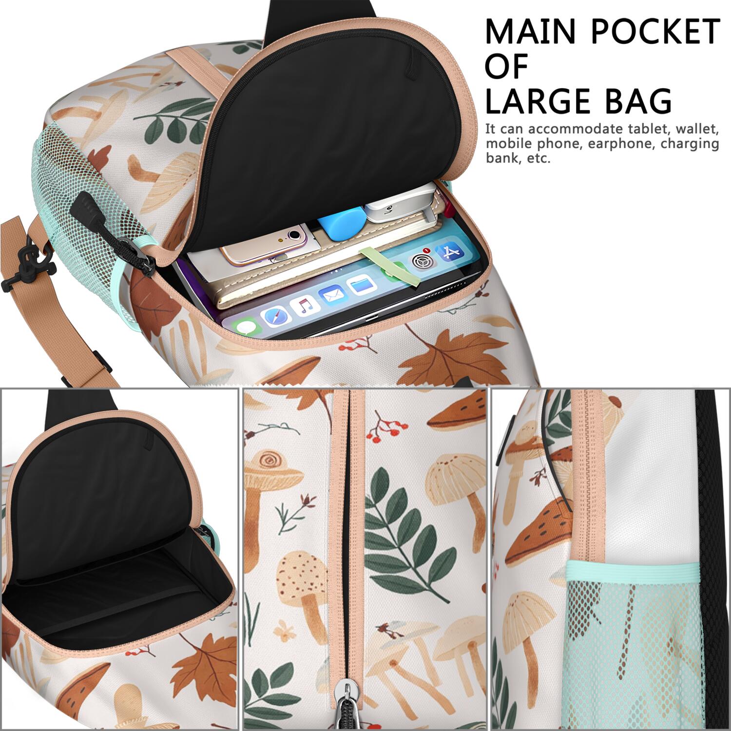 Chest Bag Crossbody Shoulder Bag Crossbody Shoulder BagTravel Sling Bag for Men Women Travelers Mushroom