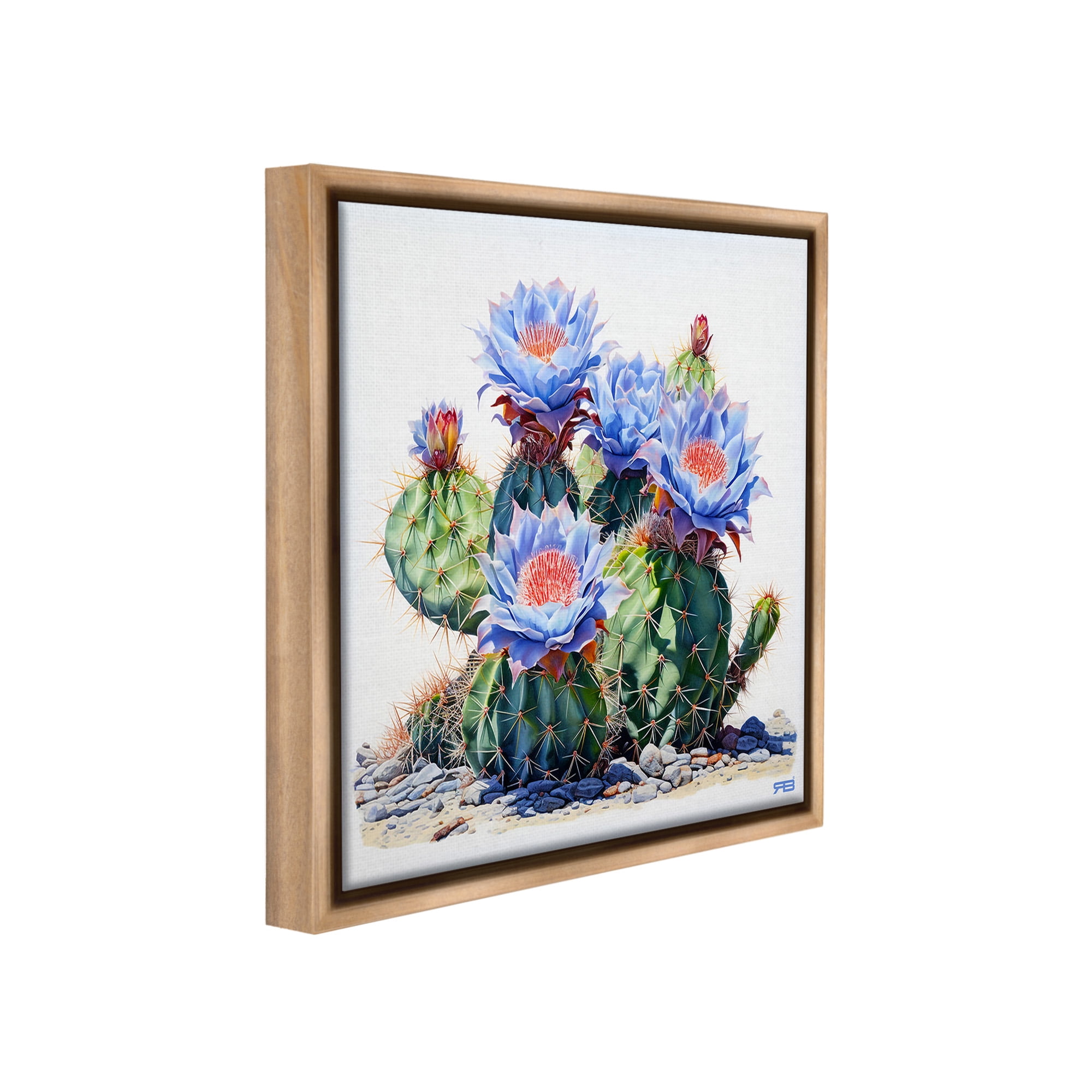 Stupell Industries Blue Cactus Blossoms Botanical & Floral Painting Brown Floater Framed Canvas Art Print Wall Art, 18 x 18
