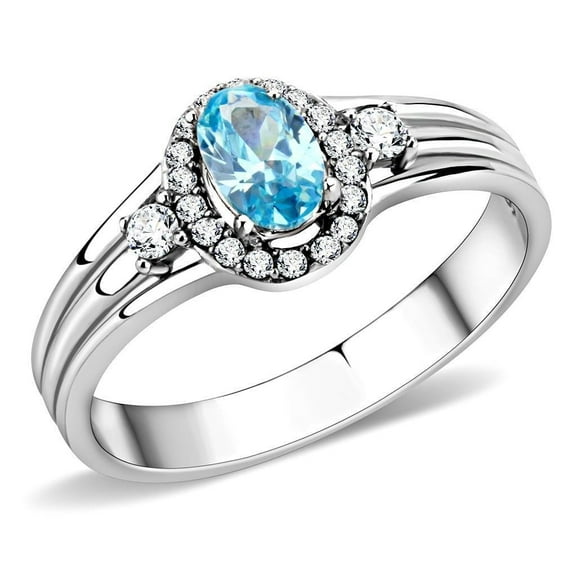 Womans Silver Aquamarine Ring High polished (no plating) 316L Stainless Steel Ring with AAA Grade CZ in Sea Blue DA166