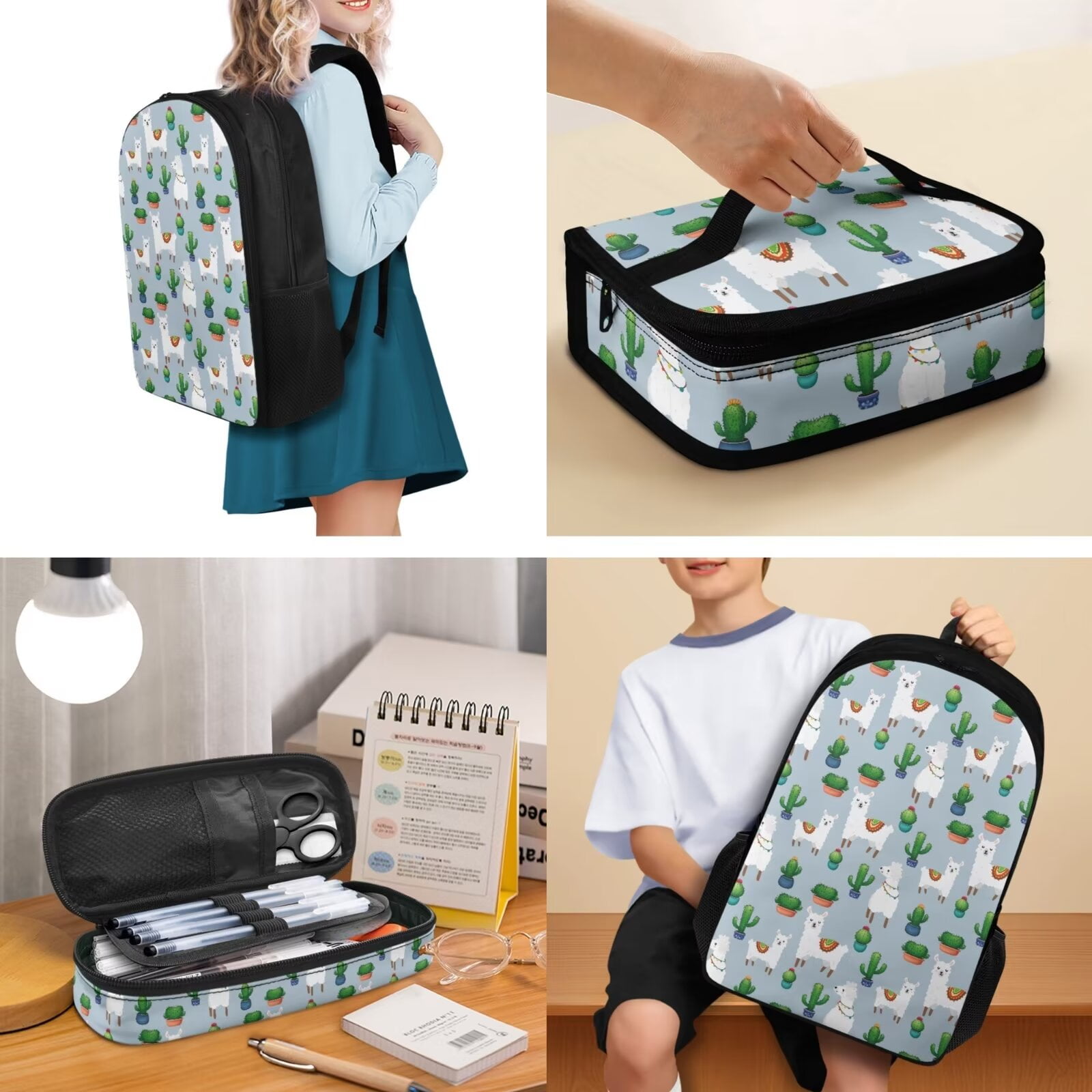 KUIFORTI Cactus Alpaca Backpack Messenger Bag Crossbody Lunch Case Lunch Bag Pencil Bag with Pocket, Set of 3