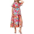 thumbnail image 2 of INSPIRAR CHIC Vestido Maxi Tropical Impreso de Manga Corta con Cuello en V y Abertura Floral L Blanco Rosa, 2 of 6