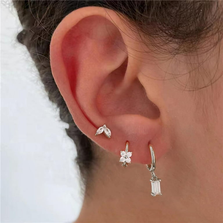 3Pairs Earrings Set for Women Silver Moon Star CZ Butterfly Green Dainty Stud Hoop Earrings for Three Holes Earrings Stack